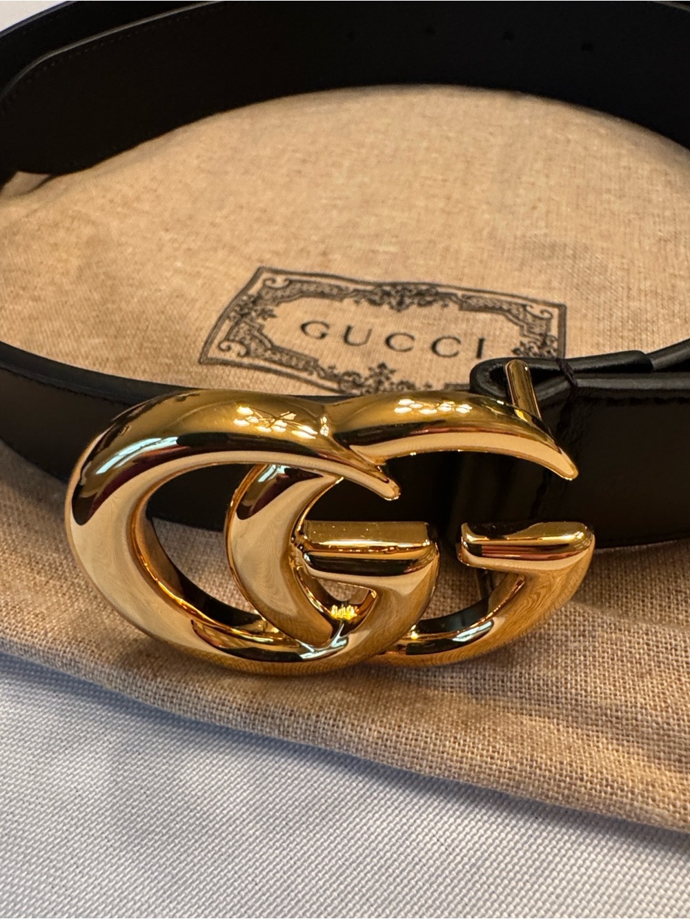 Gold Double G Buckle Black Leather Belt Brand New Unisex - Picture 2 of 6